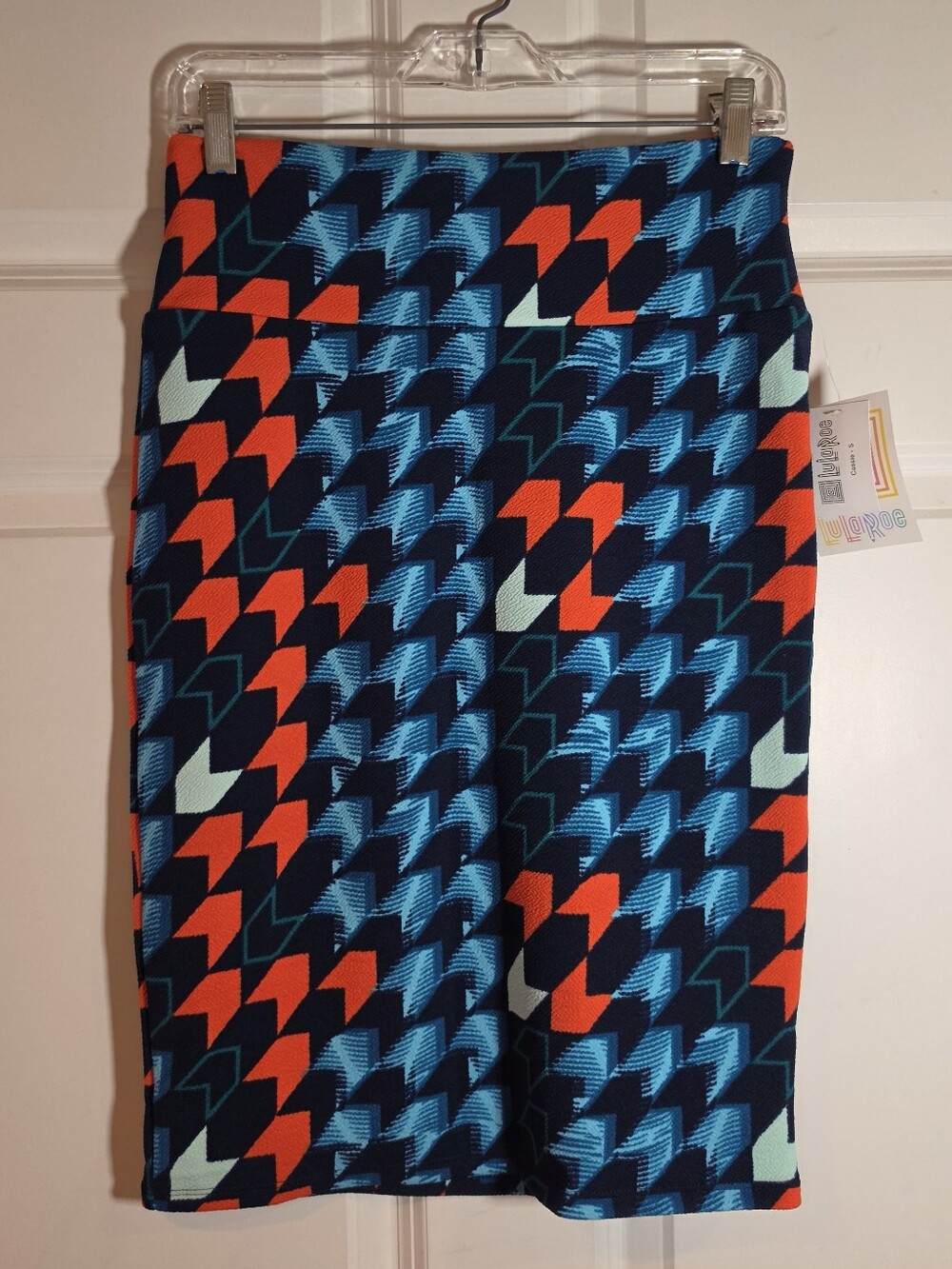 NWT LuLaRoe Cassie Geometric Pencil Skirt - Navy with Orange & Light Blue S